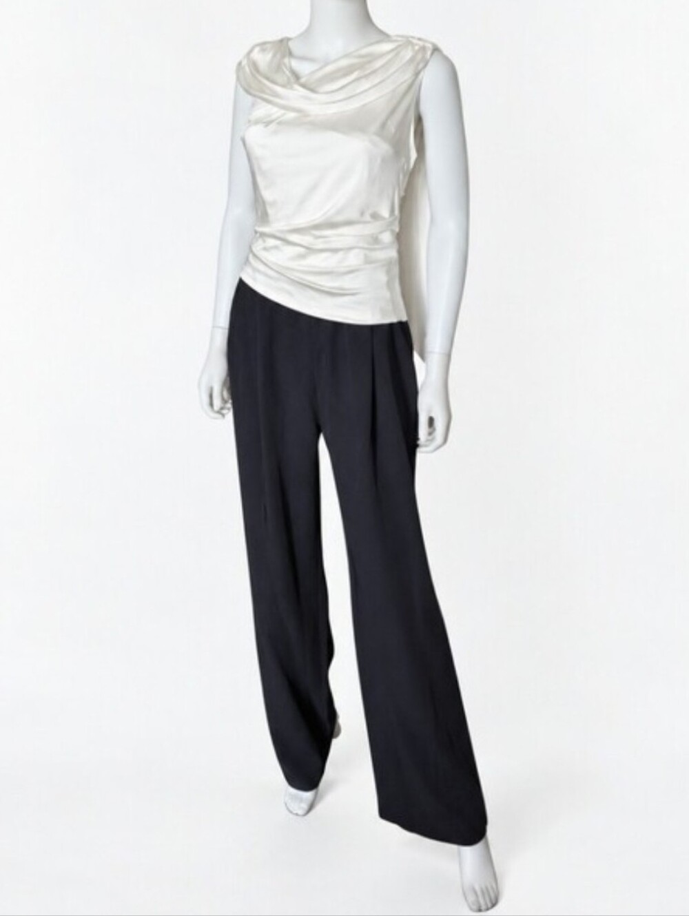 ZAC POSEN | One-Shoulder Draped Wide-Leg Jumpsuit Black/Ivory US 4
